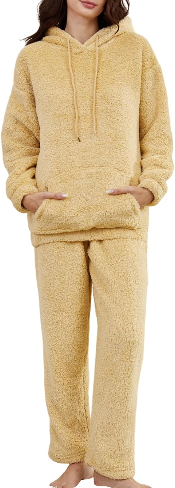 Wyeysyt Women's Fleece Pajamas Sets Fuzzy Loungewear Long Sleeve Casual Hoodies and Pants Fluffy 2 Piece Set Sleepwear