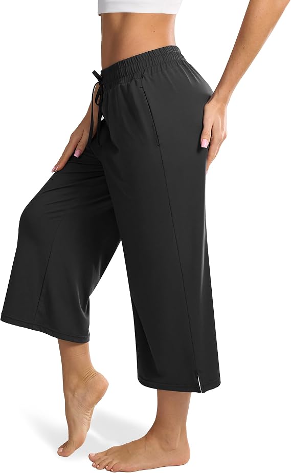 Maxbee Wide Leg Capri Pants for Women Loose Yoga Pants Drawstring Comfy Lounge Sweatpants with Pockets