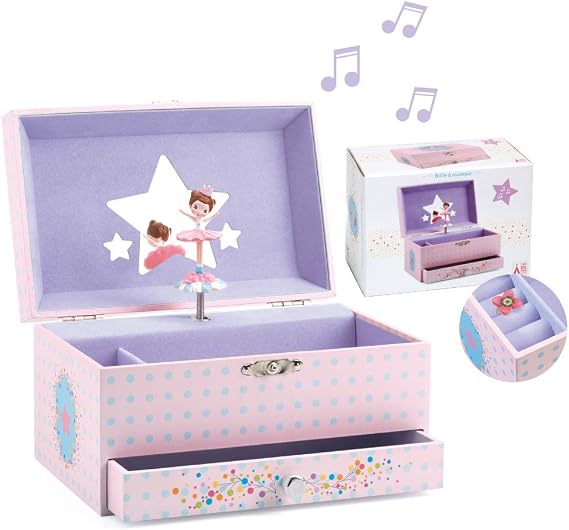 DJECO, Musical jewelry box for kids, Ballerina's Tune | Safe for Ages 3+, Treasure Storage for Rings and Bracelets, Keepsake Organizer for Boys and Girls, Small Toys
