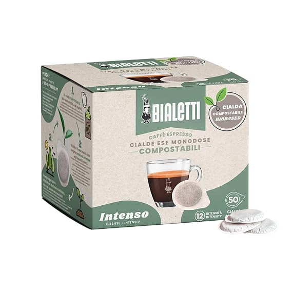 Bialetti Intenso ESE Espresso Pods 50 Count Dark Roast Intensity 12, Compostable Paper Pods for ESE Coffee Machines, Bold Full-Bodied Flavor with Hints of Cacao and Toasted Notes, Made in Italy