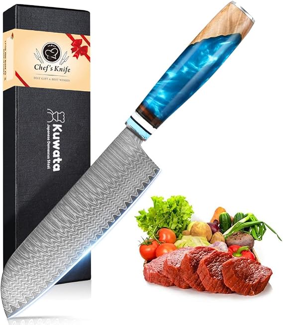 Kuwata Santoku Knife, Professional Japanese VG10 Damascus Steel Kitchen Santoku Knife, Ergonomic Wood Chef Knife Handle, Super Sharp Chefs Knives with Gift Box