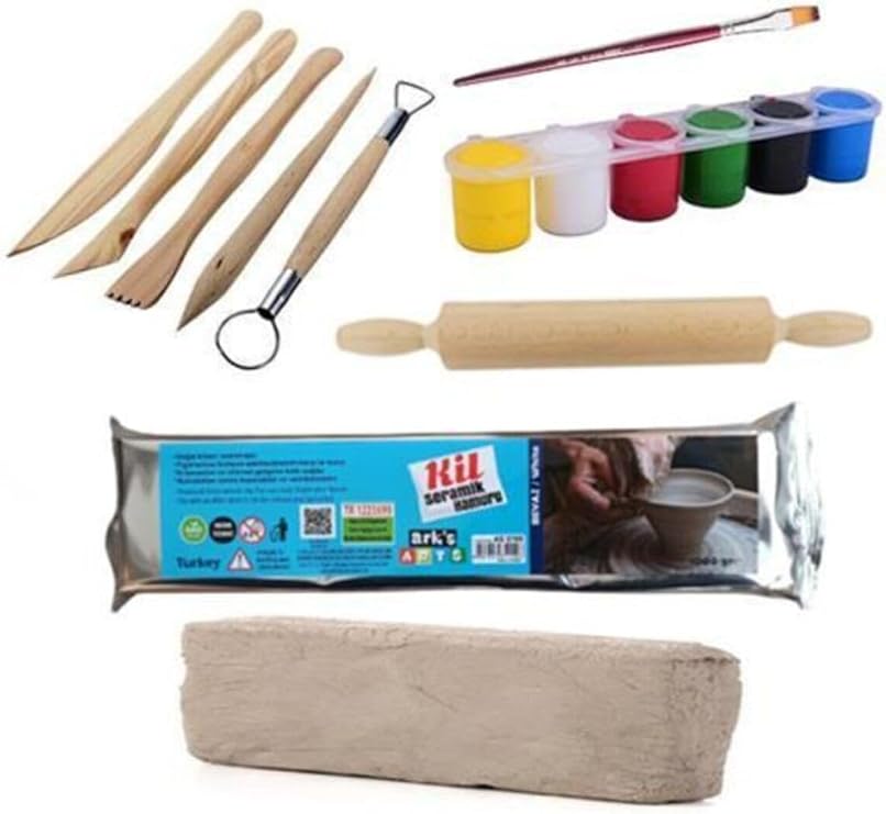 Hobialem Kil Hamuru Set-4, Seramik Hamuru Başlangıç Seti, Ahşap Ebeşuar, Merdane, 1 Kg Kil, Boya, Fırça