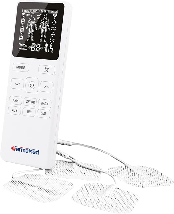 FarmaMed Electro-stimulator Digital Muscle TENS EMS Sport Fitness, LCD screen, Two Output Channels, 4 electrodes