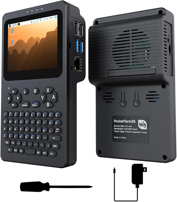 Waveshare Portable Handheld Linux Terminal with 3.5inch Touch Display, 640 480, Optical Bonding, Compatible with Pi 4B/5 Portable Development and Debugging Devices, PocketTerm35-Pi4 Host