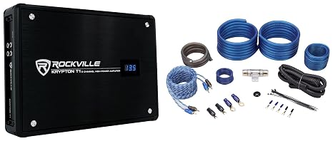 Rockville Krypton T1 2-Channel Car Audio Amplifier with RWK41 Amp Wire Kit | 1600W Peak / 400W RMS, Class AB, Digital Voltage Display, MOSFET, Bass EQ, 4 AWG Wire Kit with RCA Cables, Car Audio, 2-items