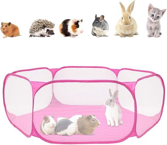 Small Animals Playpen Breathable Portable Pet Cage Tent Pop-Up Exercise Yard Fence Folding Play Pen Outdoor Indoor Sports Tent for Guinea Pig, Rabbits, Hamster, Chinchillas and Hedgehogs (Pink)