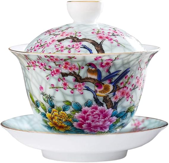 Ameolela Chinese Traditional Teaware Handmade Enamel Painted Porcelain Tea Cup Gaiwan Kungfu Tea bowl with Lid and Saucer - 5oz/150ml