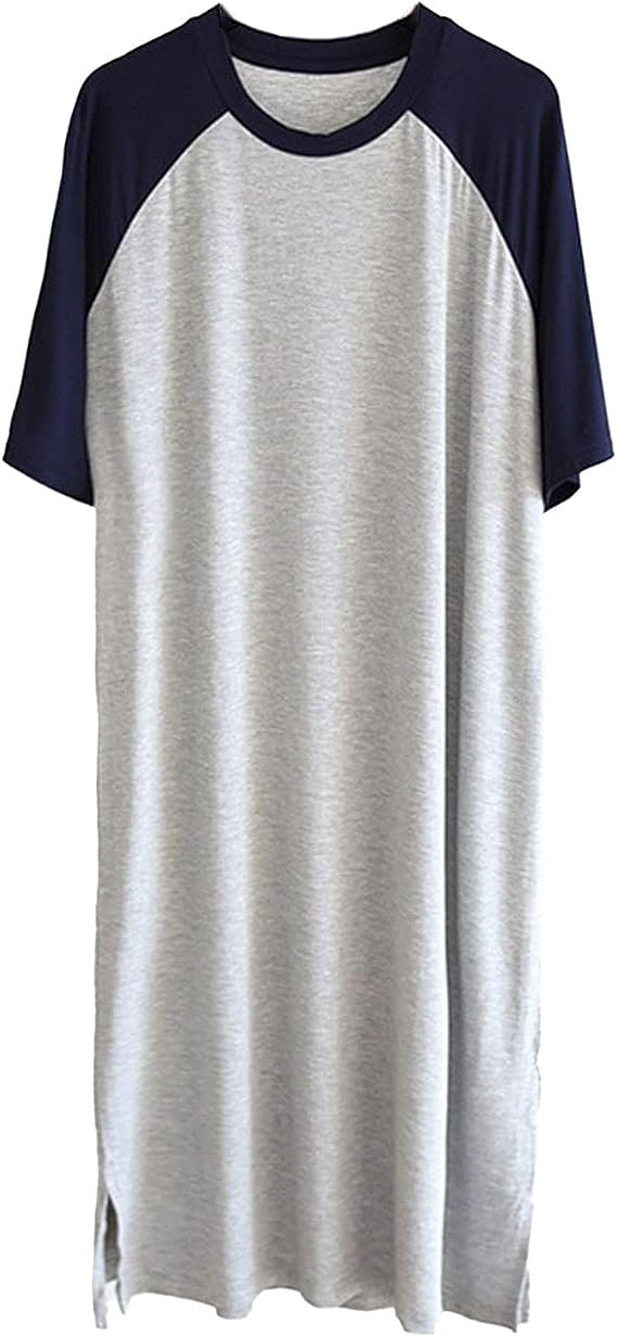Men's Nightshirt Cotton Raglan Sleepwear Short Sleeve Pajama Dress Round Neck Sleep Shirt Splicing Nightgown