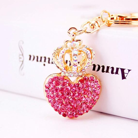 Cute Love Heart and Crown Shape Crystal Rhinestone Sparkling Keychain Bag Pendant Handbag Charm for Women Girls