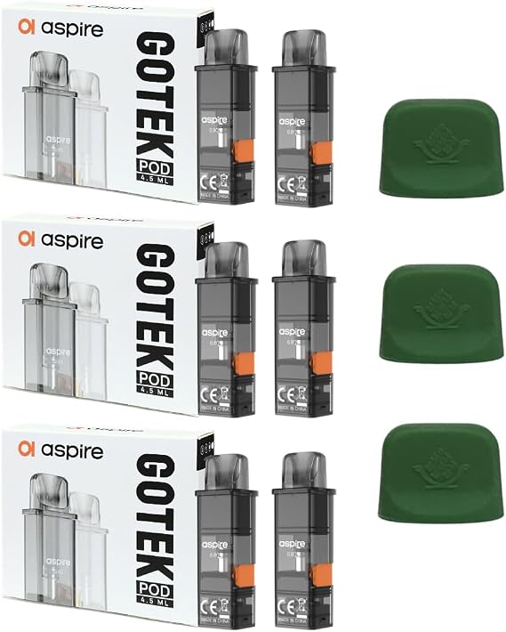 Aspire GOTEK POD Cartridges 3 Box6 Total + GOTEK Compatible Silicone Caps 3 Pack 0.8Ω, Silicone CapGreen