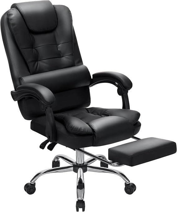 HOFFREE Executive Office Chair with Footrest Reclining Computer Desk Chairs Soft Leather Home Office Chair with High Back Adjustable Armrest Black