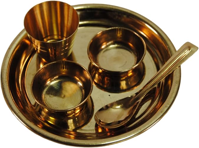 Terrapin Trading Pure Brass Puja Thali Set Laddu Gopal Bhog kanha ji Diya Ghanti Plate 5 pcs Set Holi Diwali Temple Pooja Gold