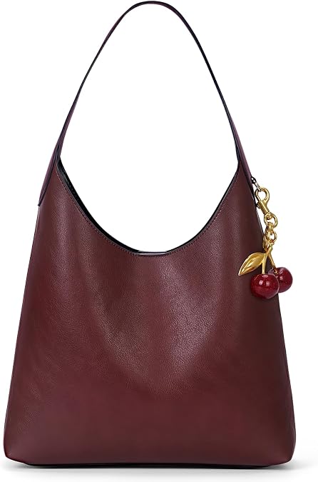 Faux Suede Hobo Bags Vegan Leather Shoulder Bag Tote for Women with Cherry Charm Slouchy Designer Handbag Purse Fall Fashion