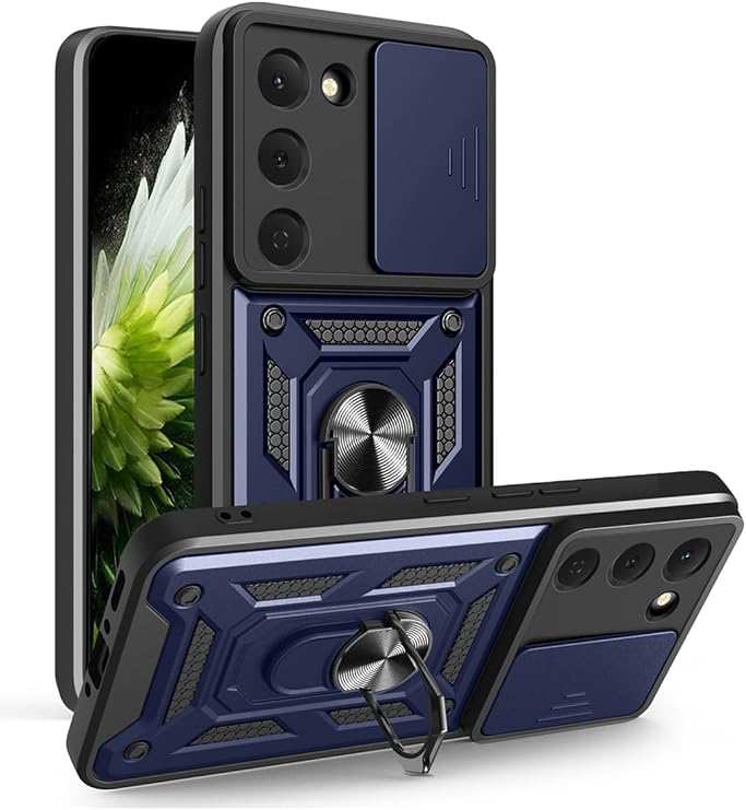 Tecno Spark 40 Pro ile Uyumlu Sürgülü Tank Zırh Yüzüklü Mıknatıslı Standlı Kapak, Mavi
