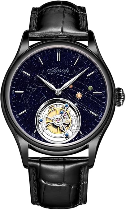 AESOP Tourbillon Watches for Men Mechanical Hand Wind Wristwatches Blue Sandstone Dial Stainless Steel Sapphire Crystal Waterproof Business Luxury Dress Watch 7025