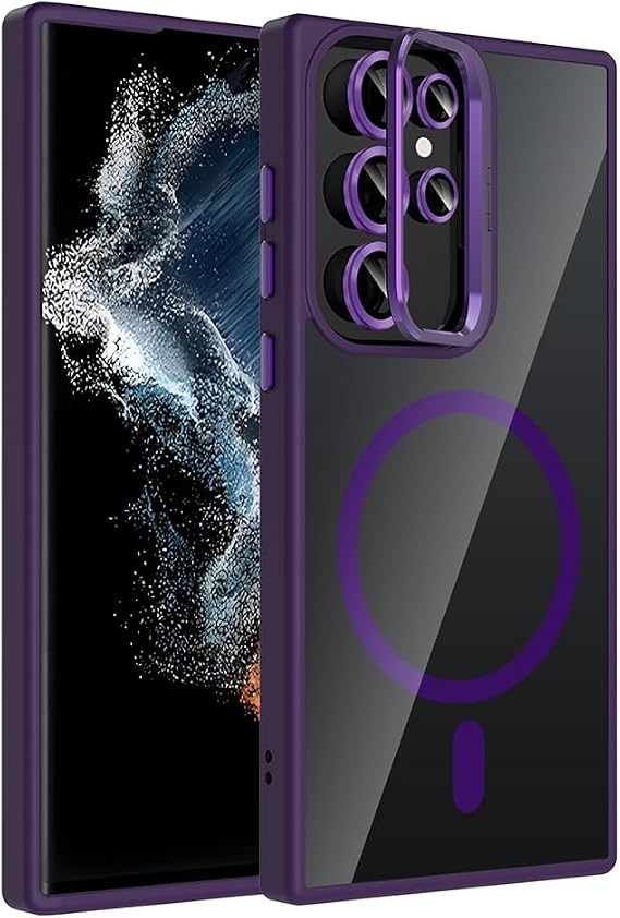 Coverzone Samsung Galaxy S22 Ultra ile Uyumlu Z-Etro MagSafe Wireless Şarj Destekli, Güçlü Manyetik Tutucu, Stand Olabilen, Kamera Lens Hediyeli Koruyucu Kılıf Derin Mor