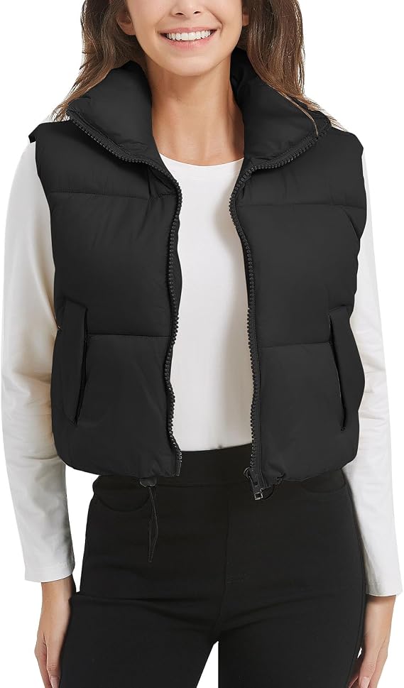 Flygo Puffer Vest Women Cropped Vest Zip Up Stand Collar Sleeveless Lightweight Winter Down Vests Jacket