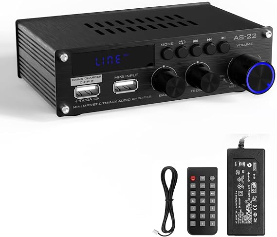 Sunbuck Mini Amplifier, 2 Channel Stereo Amplifier, Power Amplifier Max 300Wx2 Output, Bluetooth Amplifier for Home Speakers, Stereo Receiver with RCA/USB/FM/AUX, Mini Amplifier for Speakers, AS-22