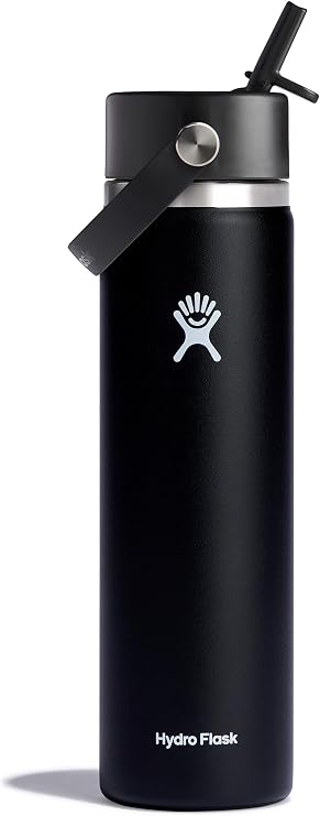 Hydro Flask Water Bottle - Insulated Stainless Steel - Wide Straw Lid, Non Spill, Leakproof in 24 Oz Black