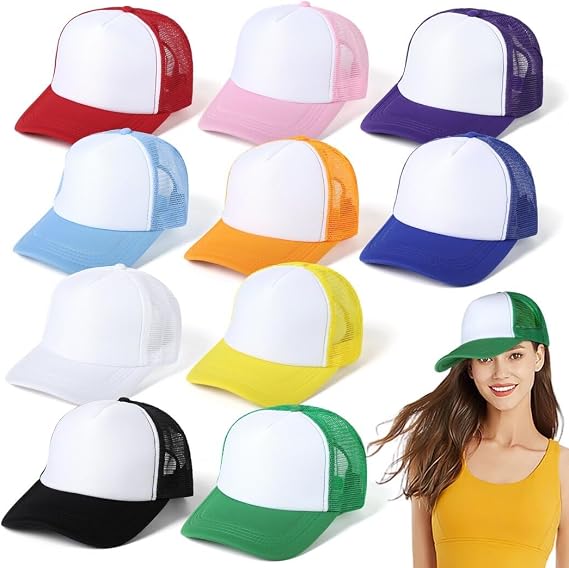 Varku 10 PCS Sublimation Blank Trucker Hats, Comfortable Polyester Mesh Trucker Hats, Unisex Mesh Baseball Snapback Caps, Summer Mesh Caps for Men Women, 10 Colors