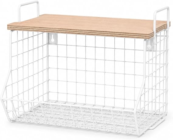 Orret Home Ahşap Raflı Metal Sepet Baharatlık, Meyvelik Sebzelik, Banyo Organizeri, Üst Üste Takılabilir Tezgah Üstü Düzenleyici, Duvara Monte Edilebilir Mutfak Rafı, Dolap İçi Saklama Ünitesi