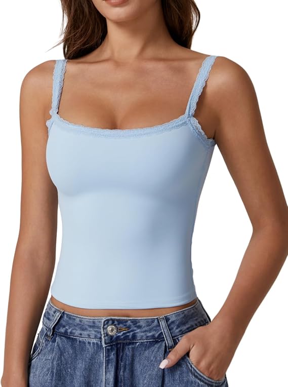 QINSEN Womens Square Neck Lace Trim Tank Top Double Lined Slim Fitted Y2k Going Out Camisole Shirts