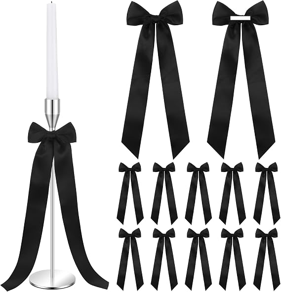 Teenyyou 12 Pcs Black Candlestick Bows Decor 13 Inch Large Coquette Decoration Bow for Table Self Adhesive Candle Holder Gift Wrapping Wedding Bridal Shower Bachelorette Party Centerpieces