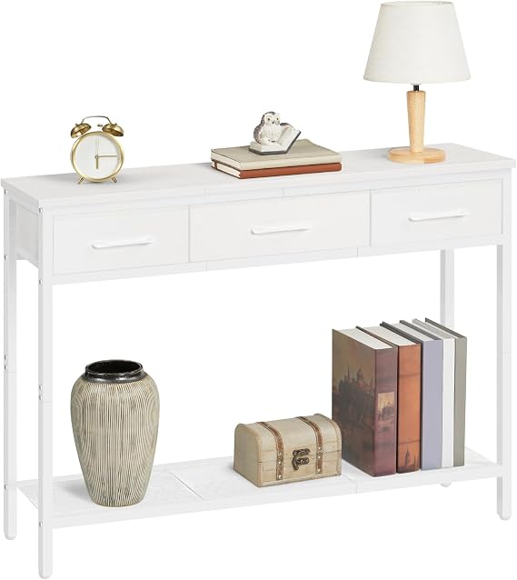 MAHANCRIS Console Table with 3 Fabric Drawers, Narrow Console Table with Open Shelf, 97 cm L Slim Entryway Table, Couch Table, for Hallway, Living Room, Bedroom, White ACTWT3301