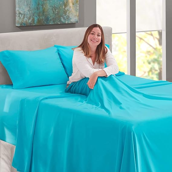 4 Piece Sheet Set - 16 inch Deep Pocket Bed Sheet Set - Hotel Luxury 100% Cotton Sheets - 1 Fitted Sheet, 1 Flat Sheet, 2 Pillow Cases. Beach Blue Twin