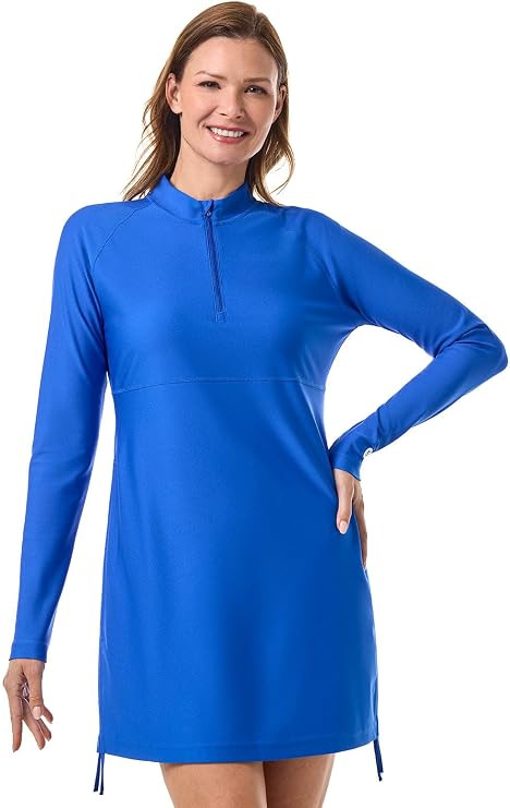 Coolibar UPF 50+ Women's Ruche Swim Shirt - Sun Protective,Baja Blue,X-Large