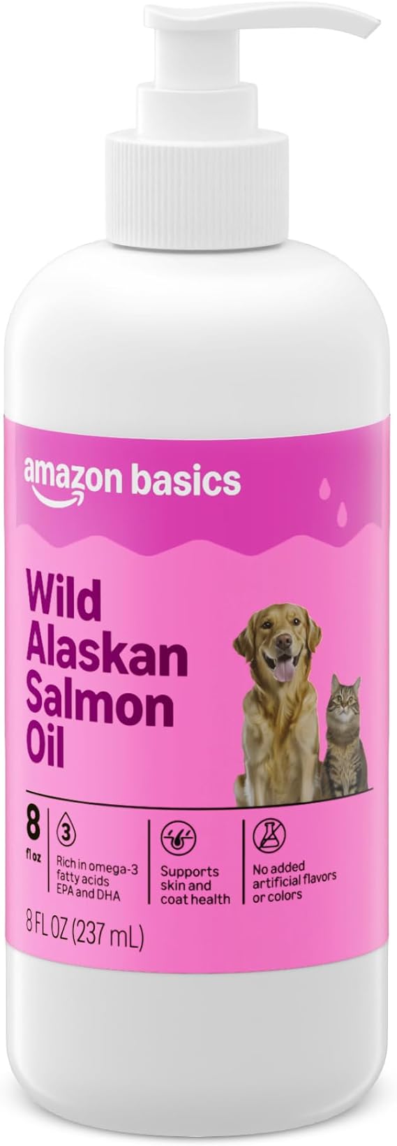 Amazon Basics Wild Alaskan Salmon Oil - Skin and Coat Support, Omega 3 Supplement for Dog and Cat, 8 fl oz (Previouly Wonder Bound)