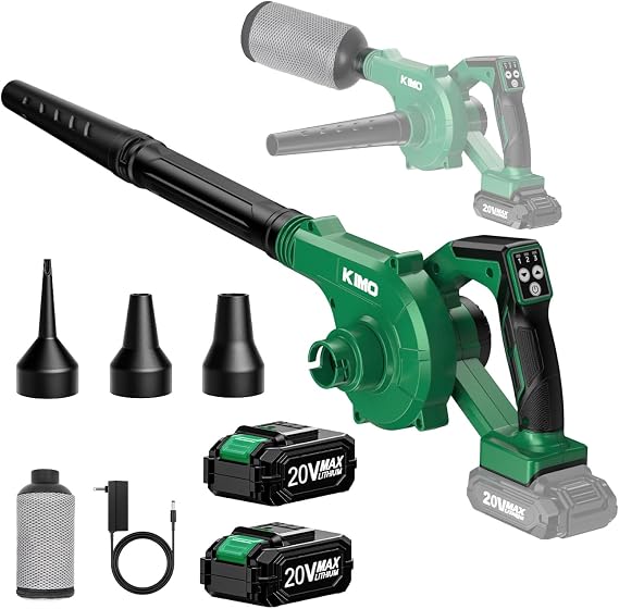 K I M O. Cordless Leaf Blower and Vacuum Combo 4 In 1, 3 Nozzles for Inflation and Deflation, 190MPH/260CFM, Smart Panel w/ 3Modes, 20" Extended Tube, 2Pack Battery Operated Leaf Blowers for Lawn Care