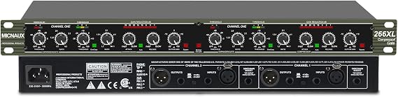Audio Compressor, Professional Dual-Channel Black Dynamic Processor with Noise Gate & Sidechain Insert for Studio, Live & Streaming 1U Rackmount, XLR/TRS Inputs
