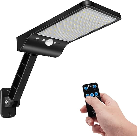 Solar Lights Outdoor with Remote, 56LED 180 Adjustable Angle Security Night Light Outside Motion Sensor Remote Control & 3 Lighting Modes Solar Lights for Backyard Gutter Courtyard Deck Home
