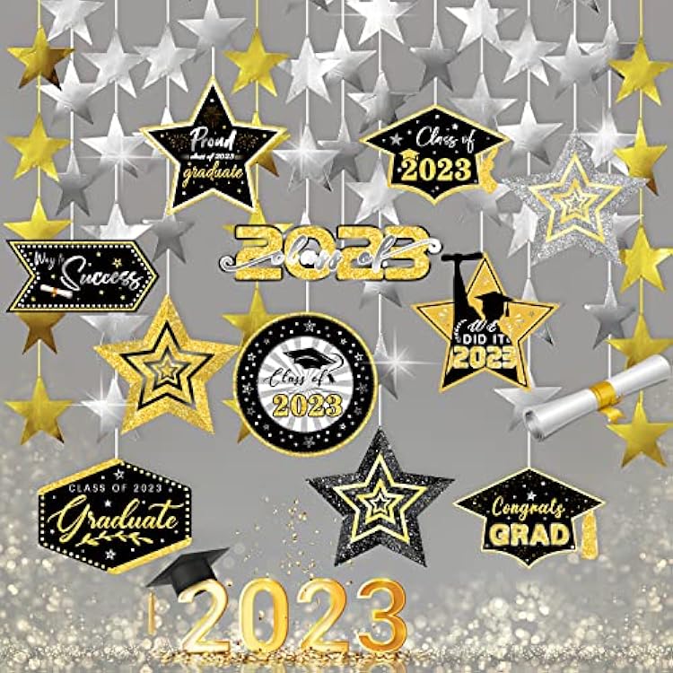 15 Pack Congrats Grad Garland - Class Of 2023 Black Gold Graduation Decoration Banner Hanging Swirls for College Grad Party Supplies