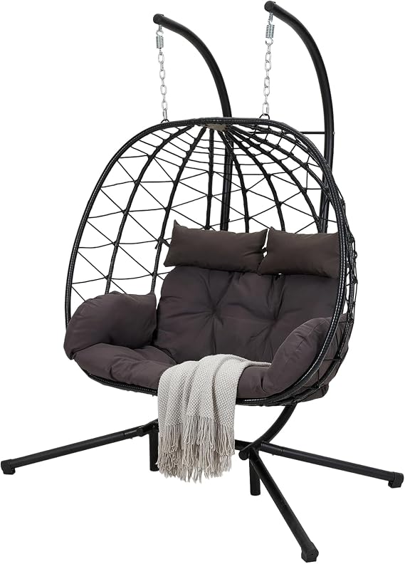 Warmiehomy Double Hanging Egg Chair Foldable 2 Seater Garden Egg Chairs with Stand Indoor Outdoor Swing Chair with Cushion Rattan Hammock Chair With Frame for Patio, Balcony, Living Room, X-Base