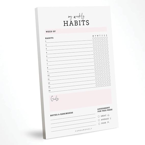 CARDAMONOLY Habit Tracker Notepad in Black and Light Pink- 50 Page Tear Off Planning Pad - 6 x 9 - High Performance Planner - Chore Chart for Adults - Weekly Planner Undated - Self Care Planner
