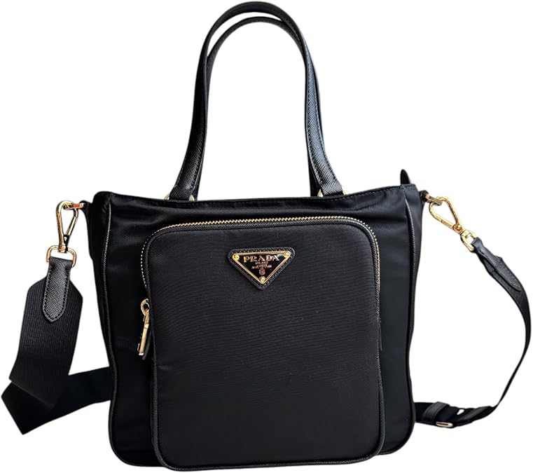 Prada Black Tessuto Nylon Shopping Bag with Saffiano Leather Trim Style 1BG308 ZMY F0002 Luxury Designer Shoulder/Crossbody/Handbag for Women