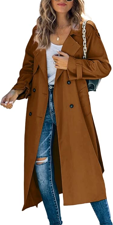 Womens Long Trench Coat Double Breasted Windproof Overcoat With Belt