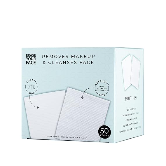 ERASE YOUR FACE Disposable Face Towels - Alternative for Makeup Remover Wipes - Dual-Sided, Fragrance-Free & Safe for Sensitive Skin - Stocking Stuffers for Women, Blue (50 Count)