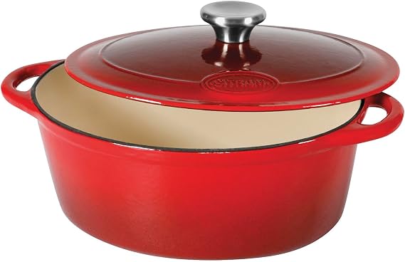 Sitram Tradifonte 717175 Oval Casserole Dish Cast Steel Enamelled 6.5 Litres Length 33 cm Red Exterior White Interior Stainless Steel Cap All Heat Sources Including Induction and Oven