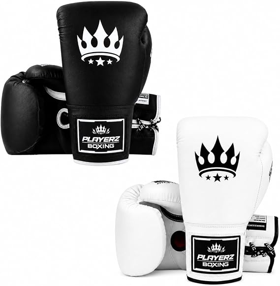 Playerz SparTech Lace Boxing Gloves - Dual-Layered Foam Padding, Premium Microfibre, Vegan-Friendly, Sizes 10oz-16oz, for Sparring, Pad Work, and Bag Training - Classic White/Black