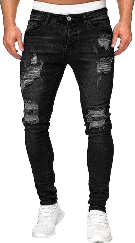 JEKE-DG Men's Slim Fit Mid Waist Zipper Jeans Tapered Leg Hip hop Denim Pants Moto Biker Distressed Punk Jeans Trousers