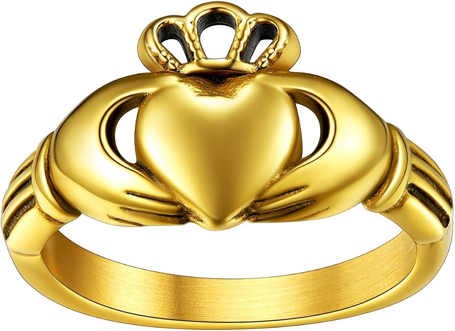 FaithHeart Claddagh Rings for Love, Stainless Steel/18K Gold Plated Women Men Wedding Band Ring Personalized Custom