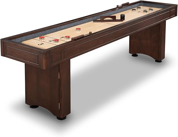 Hathaway Austin 9 Ft Shuffleboard Table for Arcade Game Room - with Scratch Resistant Playfield, Built-in Abacus Scorer & Cabinet, Padded Gutters, Leg Levelers, 8 Pucks, Brush & Wax - Mahogany Finish