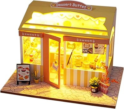 DIY LED Lights Miniature Dollhouse Kit Street Shop Doll House Model Wooden Furniture for Valentines Day Creative Gifts Dessert Buffet