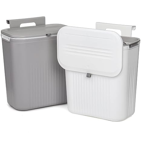 Frcctre 2 Pack 2.4 Gallon Kitchen Compost Bin, Hanging Trash Can with Lid Garbage Can for Countertop or Under Sink, Wall Mounted Counter Waste Bin for Kitchen Bathroom Bedroom Office