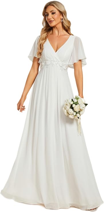 Ever-Pretty Women's Chiffon V Neck Short Sleeves Appliques Formal Evening Dresses Bridesmaid 01960