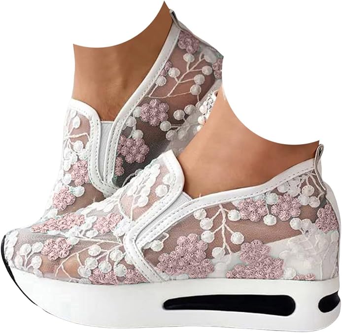 Sneakers for Women, Floral Embroidery Sheer Mesh Lace Slip on Platform Sneaker Sequin Hidden Wedge High Top Loafer Wedges Dressy Casual Breathable Comfortable Walking Shoes Summer Fall