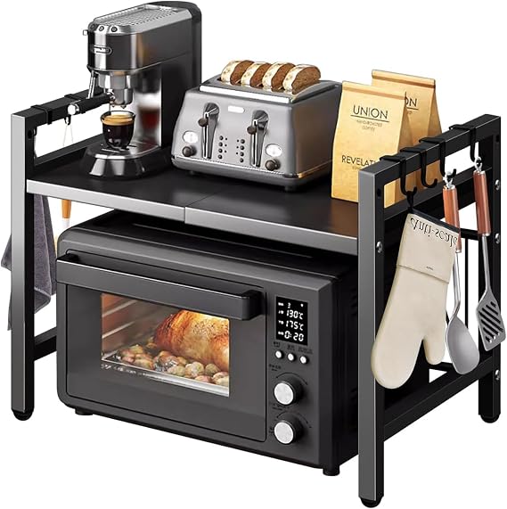 Bingobang Expandable Microwave Oven Rack with 6 Hooks, 2 Tier Kitchen Counter Organizer Shelf Stand, Pot Pan Grill Storage Racks, Carbon Steel Heavy Load Capacity, Width 40-60cm (Black)
